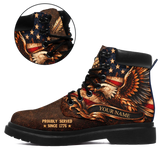 Personalized Proudly Served Veteran Leather Boots, American Flag Bald Eagle Patriot Work Shoes - 1921-26007281-1