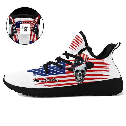 Personalized Veteran Sneakers, Custom Skull Flag, Camo Shoes, Breathable Shoe, Unique Gift for Dad, Husband, Son