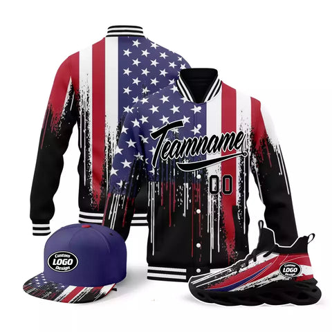 Personalized Flag Combo Offer, Custom Patriotic Sneaker, Jacket and Hat, Best Gift for Veteran and Patriot