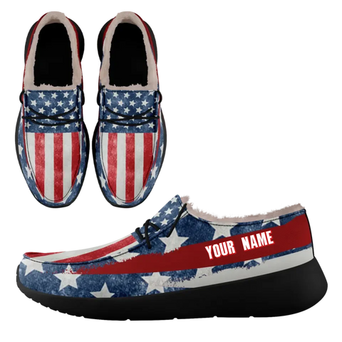 Personalized USA Flag Sneakers, Custom Stars and Stripes Loafer Shoes, Fur Lining Shoe, Pride in Comfort,FN042-24020304-4b