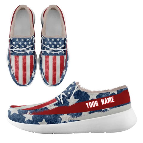 Personalized USA Flag Sneakers, Custom Stars and Stripes Loafer Shoes, Fur Lining Shoe, Pride in Comfort,FN042-24020304-4w