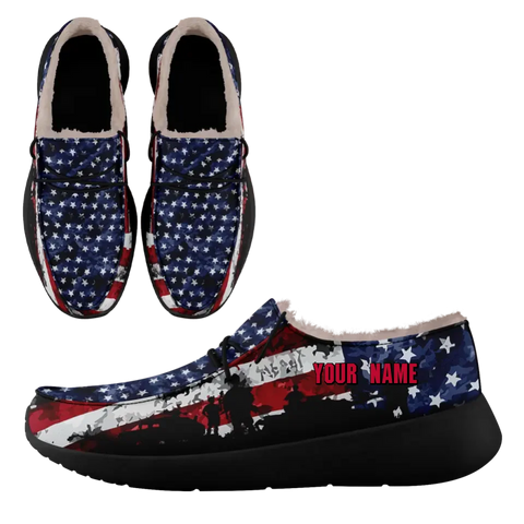 Personalized USA Flag Sneakers, Custom Stars and Stripes Loafer Shoes, Fur Lining Shoe, Pride in Comfort,FN042-24020304-7b