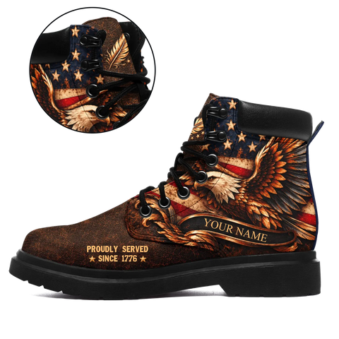 Personalized Proudly Served Veteran Leather Boots, American Flag Bald Eagle Patriot Work Shoes - 1921-26007281-1