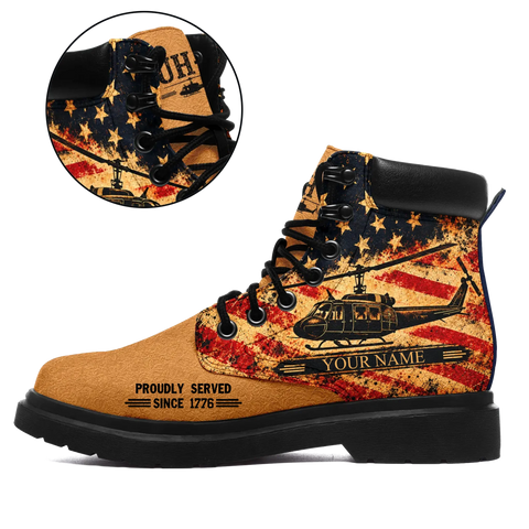 Personalized UH-1 Huey Helicopter Veteran Boots, Proudly Served American Flag Military Work Shoes - 1921-26007281-2